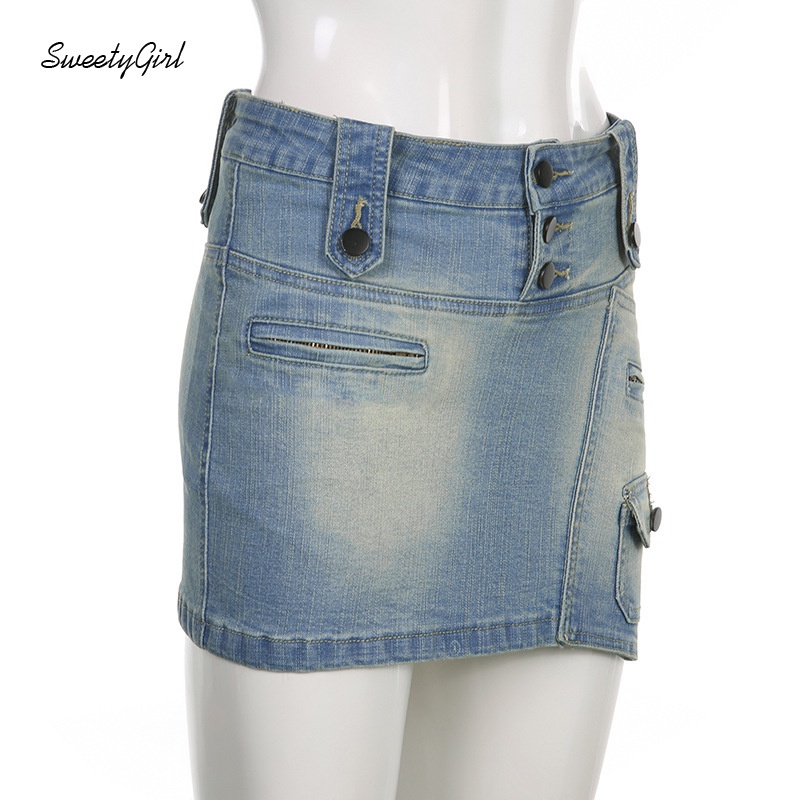 Chân váy jean Lưng Thấp Phối Nút Màu Sắc Đơn Giản Quyến Rũ 2022