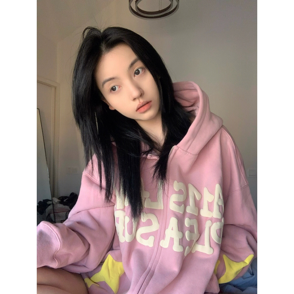 Áo hoodie thiết kế mùa thu 2022 màu hồng có khóa kéo dành cho nữ