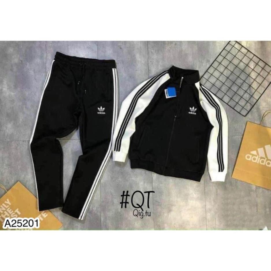 Bộ nỉ khóa nam Adidas logo thêu phổi tay trắng quần ống xuông_Bộ nỉ thể nam nam Adidas ống xuông