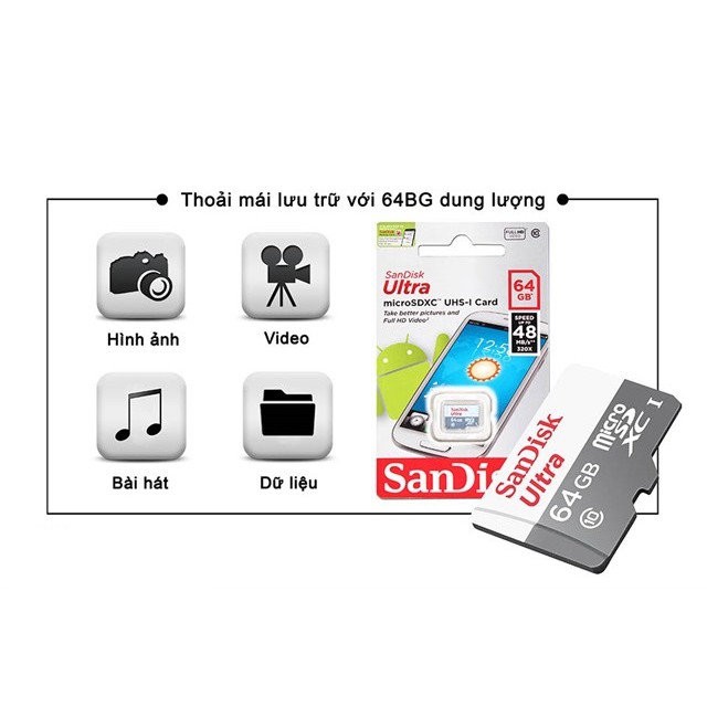 Thẻ Nhớ MicroSDHC SanDisk Ultra 64GB - Dung lượng lớn - bảo hành 5 năm!