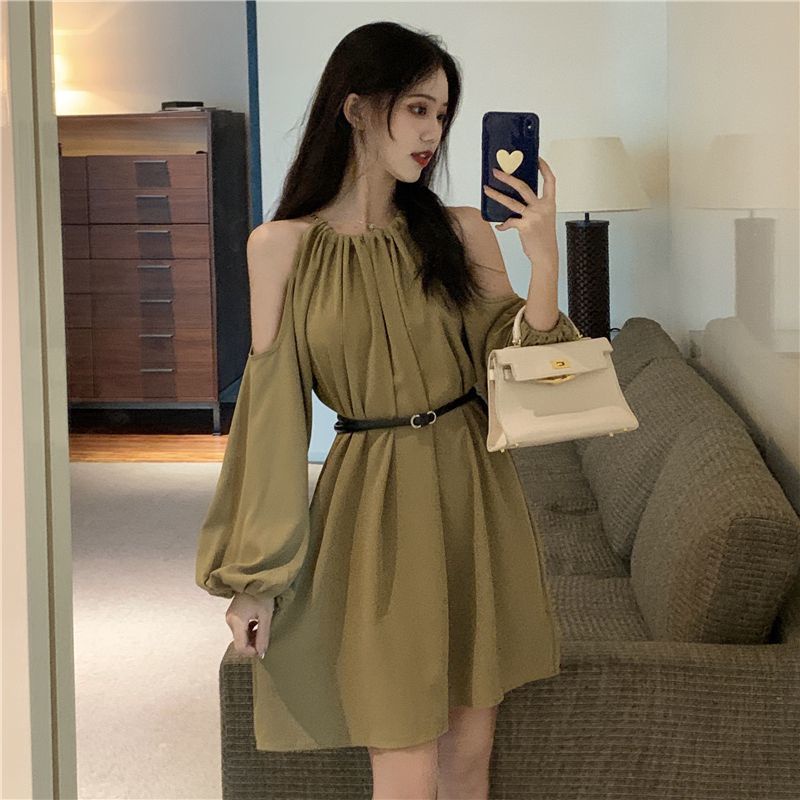 2021 new Korean version of the design feel shoulder straps loose long-sleeved dress women's autumn medium-length skirt f