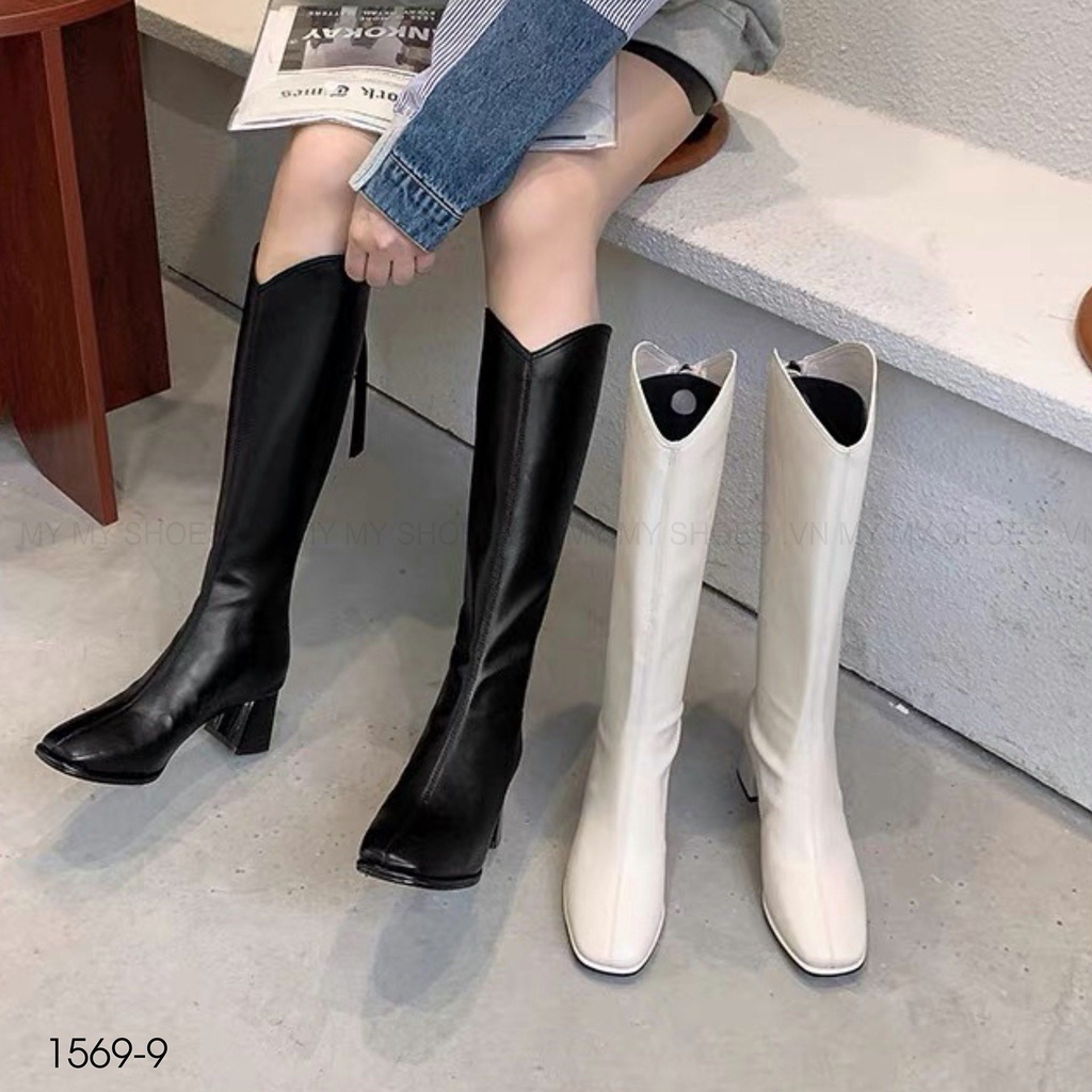 1569-9 Boot lửng da lì mũi vuông cổ cắt khóa sau gót tráng 5p
