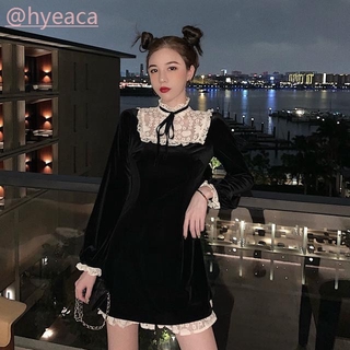 Black velvet stitching lace temperament dress women's French long-sleeved short skirt
