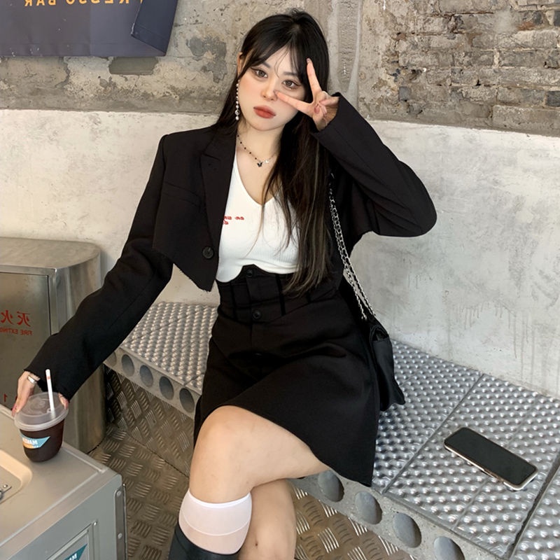 Set Áo Khoác Phối Chân Váy Màu Đen Thời Trang Mùa Thu Cho Nữ