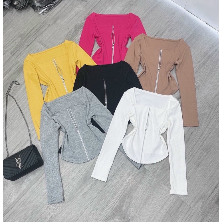 Áo thun body tay dài vạt bầu croptop phối khoá kéo