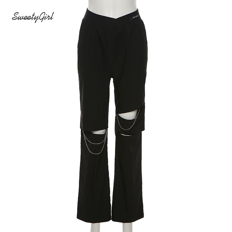 Quần Dài Lưng Cao Ống Đứng Màu Trơn Phối Dây Xích Thời Trang Cho Nữ