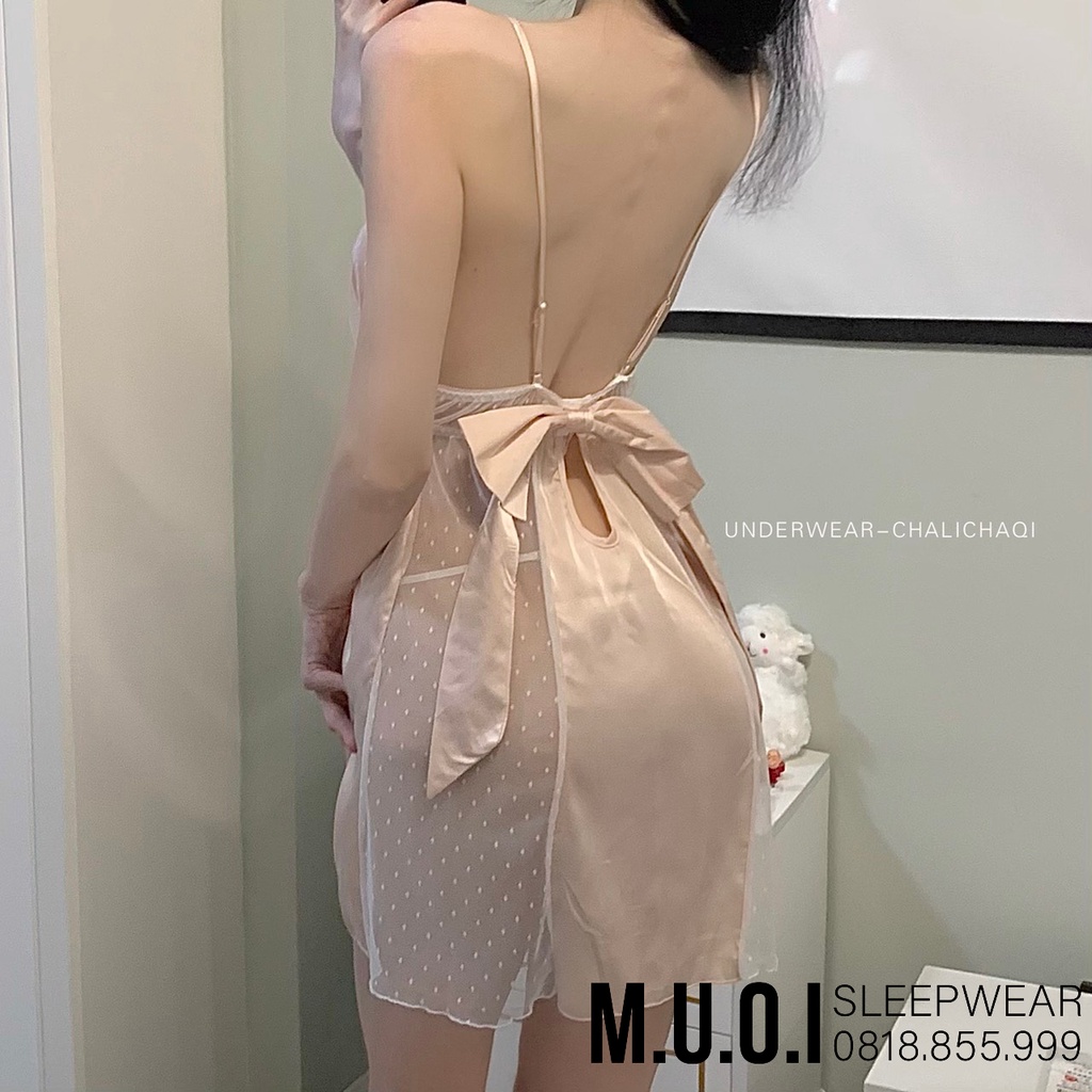 [FREESHIP] Váy ngủ sexy Quảng Châu - Sx 23 Váy ngủ lụa chấm bi thắt nơ lớn khoe dáng Quảng Châu cao cấp - Hàng có sẵn