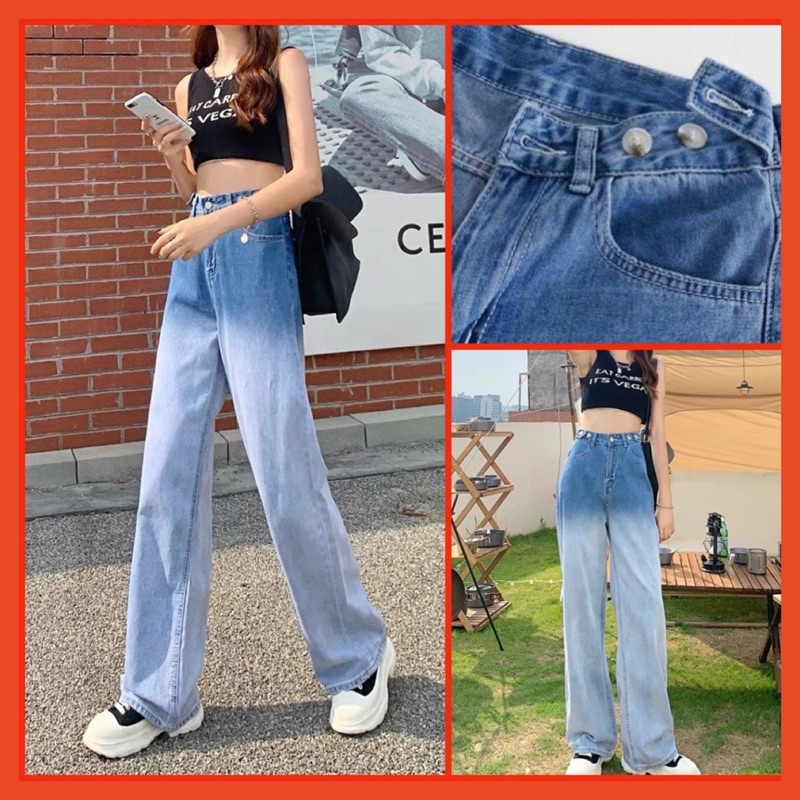 Quần Jeans Loang Ống Rộng Nữ [FREESHIP]  Culottes jean dáng suông cạp cao màu XANH Ulzzang HOT
