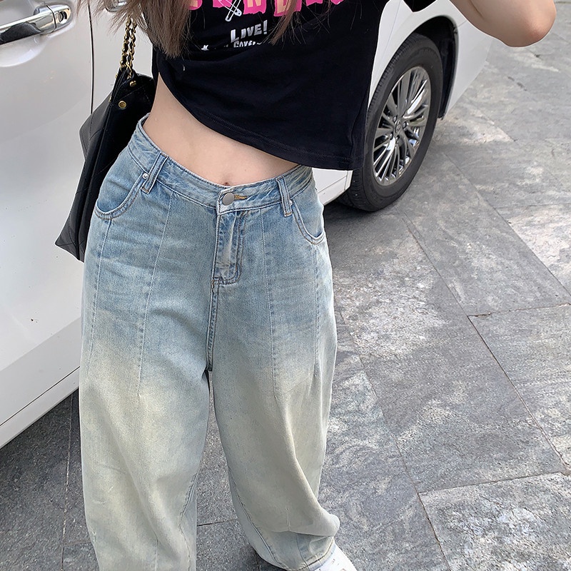 Quần Jean Ống Suông Rộng Phối Màu Gradient Cá Tính Thời Trang