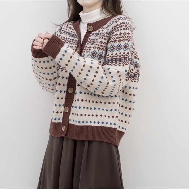 Áo khoác len Cardigan hoạ tiết vintage phong cách Nhật thu đông phối hợp sơ mi váy đuôi cá harajuku Hàn quốc