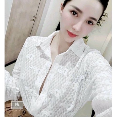 Áo Sơmi dài tay ren Di or mềm mịn 2 màu Trắng Be da