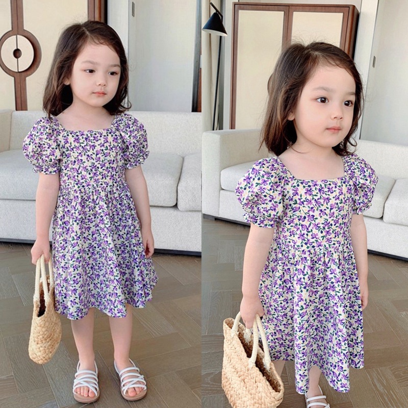 Đầm Công Chúa Tay Phồng In Họa Tiết Caro Và Hoa Dễ Thương Thời Trang Mùa Hè Cho Bé Gái