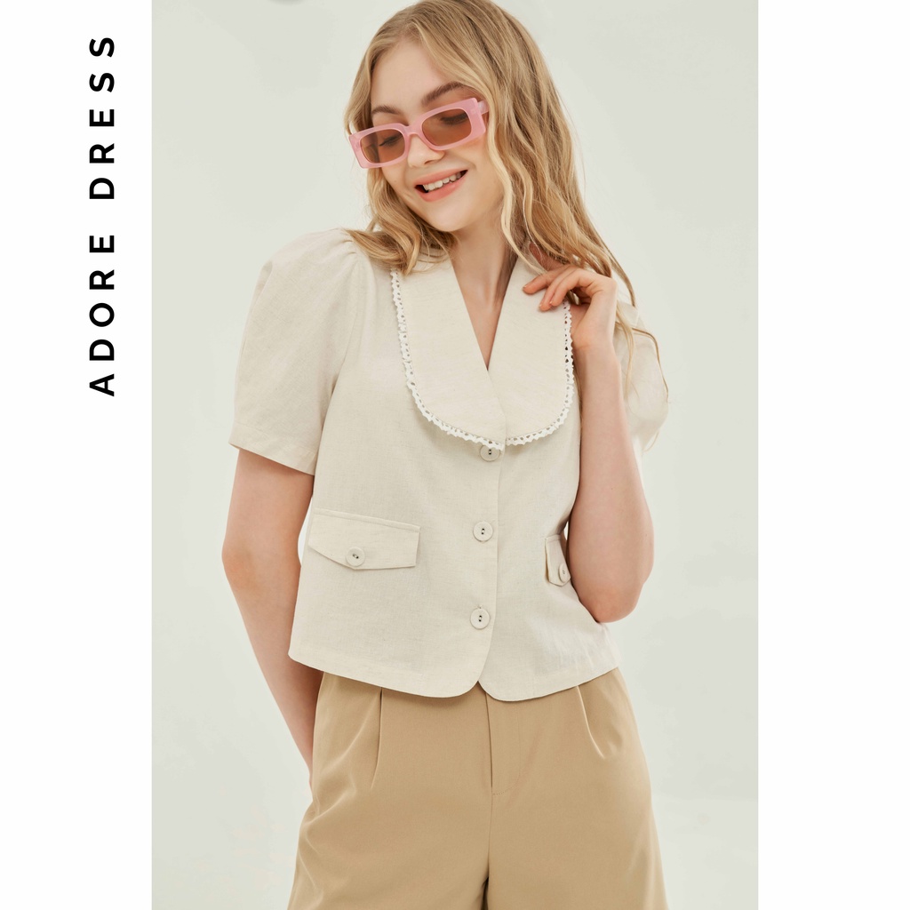 Áo sơ mi nữ đũi kem cổ sam kẹp ren 2AO1056 ADORE DRESS