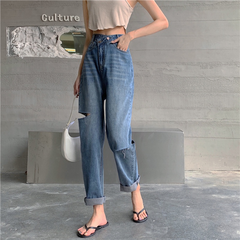 Quần Jean Dài Dáng Rộng Thiết Kế Rách Thời Trang Cá Tính