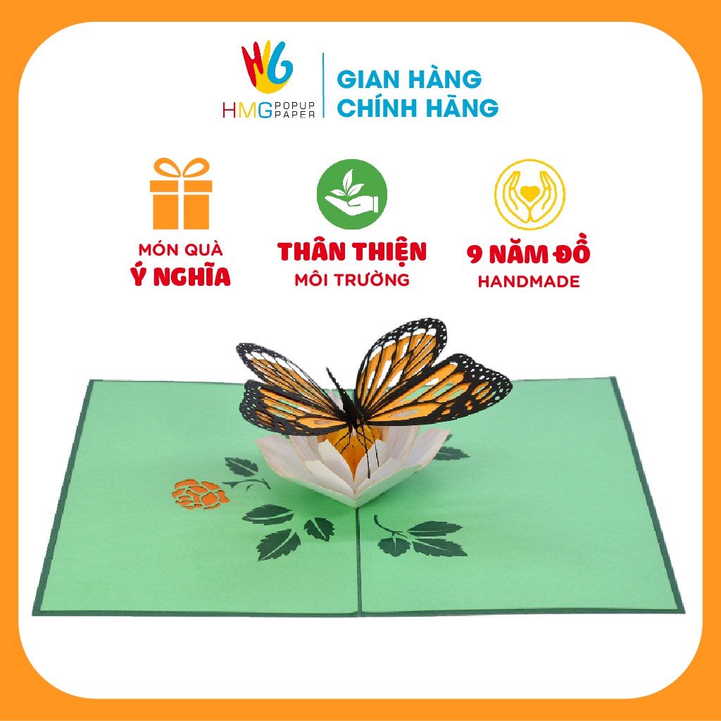 Thiệp 3D Bướm Xanh, Bướm Hoa, Animal Popup Card, thiệp nổi HMG Handmade