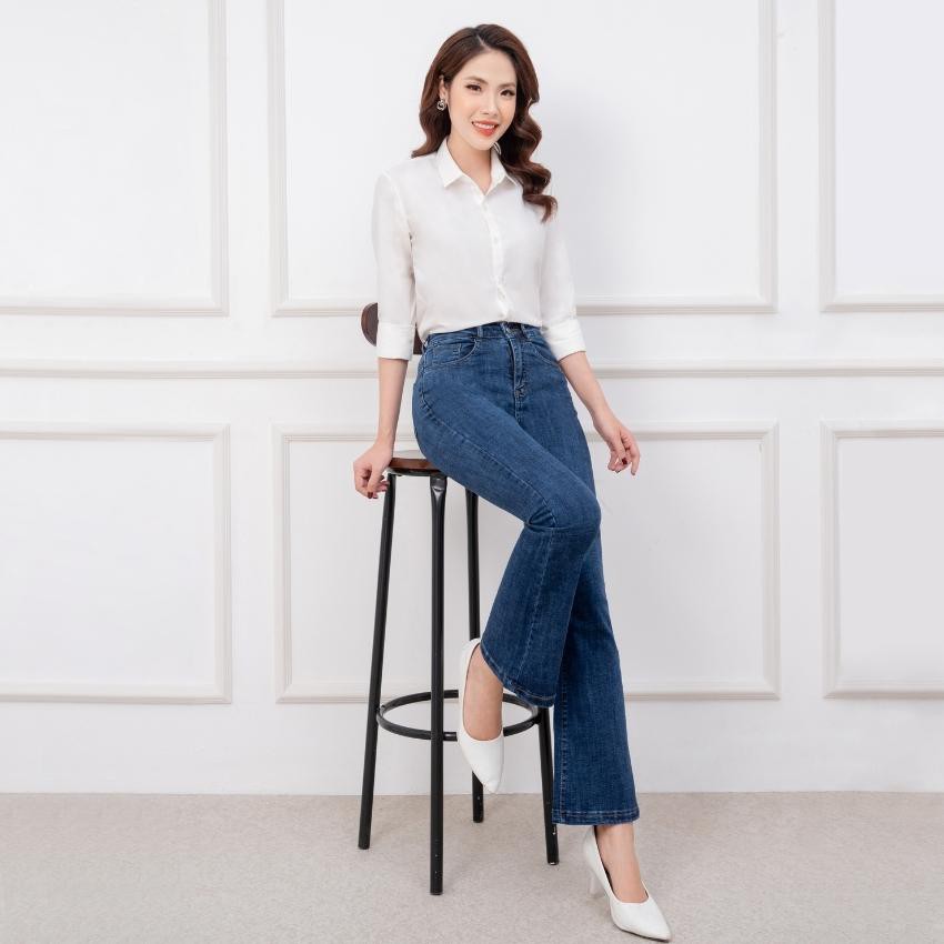 Quần jean ống loe lưng siêu cao nữ quần bò ống loe cạp cao chất cotton co giãn 4 chiều hàng VNXK RUBIE JEANS J6205
