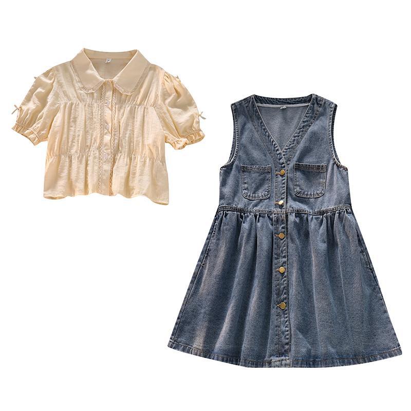 Bộ Áo Sơ Mi Cổ Búp Bê + Chân Váy Yếm Denim Thời Trang Nhật Hàn 2022 Cho Nữ