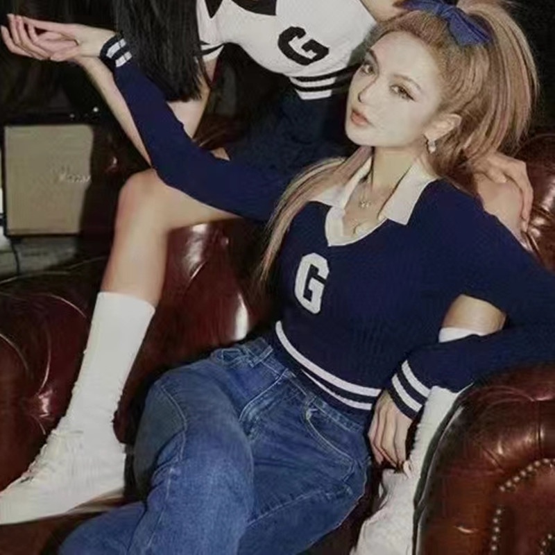 SUXI Áo Croptop Dệt Kim Tay Dài Dáng Ôm In Chữ Phong Cách Cổ Điển Thời Trang Cho Nữ