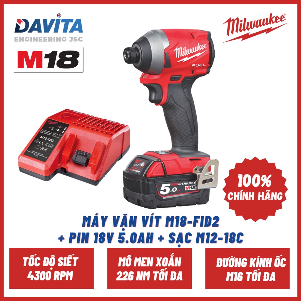 Máy bắt vít M18 FID2 + Pin 18V 5.0Ah + Sạc M12-18C