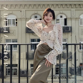 Áo Kiểu Chiffon | Áo Sơ Mi Voan Croptop Tay Phồng Cổ Vuông Khóa Kéo Trước Hoa Nhí Hàn Quốc Xinh Xắn Ulzzang