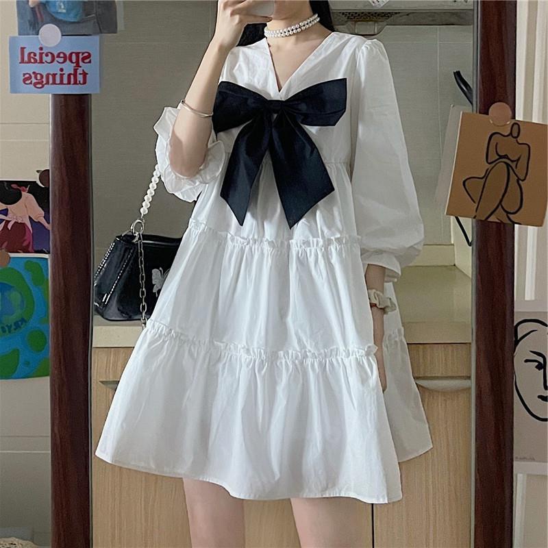 Đầm tay dài phồng cổ chữ v phong cách mùa hè thời trang dễ thương cho nữ | BigBuy360 - bigbuy360.vn
