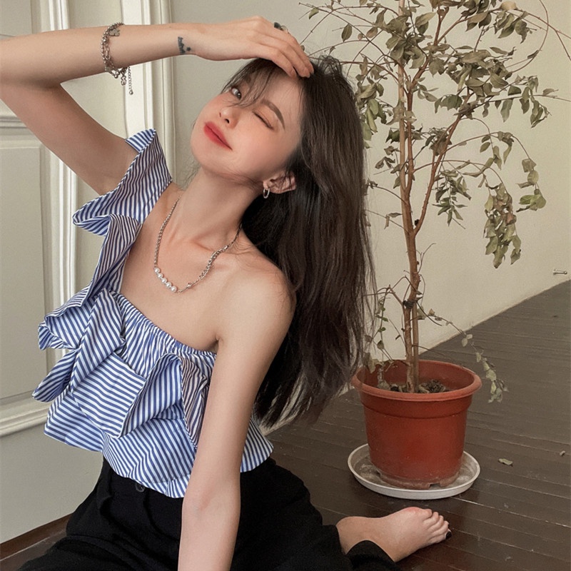 Áo Ngắn Dáng Rộng Lệch Vai Phối Bèo Thời Trang Mùa Hè Cho Nữ