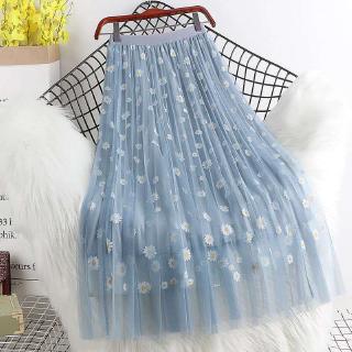 Chân Váy Lưới Ba Lớp Dáng Chữ a Lưng Cao In Họa Tiết Hoa Cúc Phong Cách Hàn Quốc Xinh Xắn
