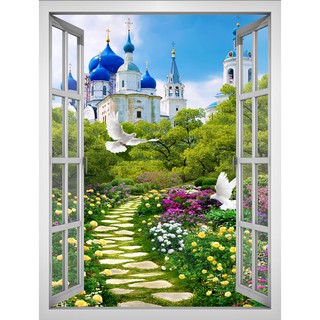 Tranh dán tường cửa sổ HD Cảnh đẹp lâu đài CS-0393D Kim sa