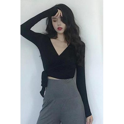NRVP Áo thun cổ V dáng ôm kiểu dây buộc thời trang gợi cảm nữ tính