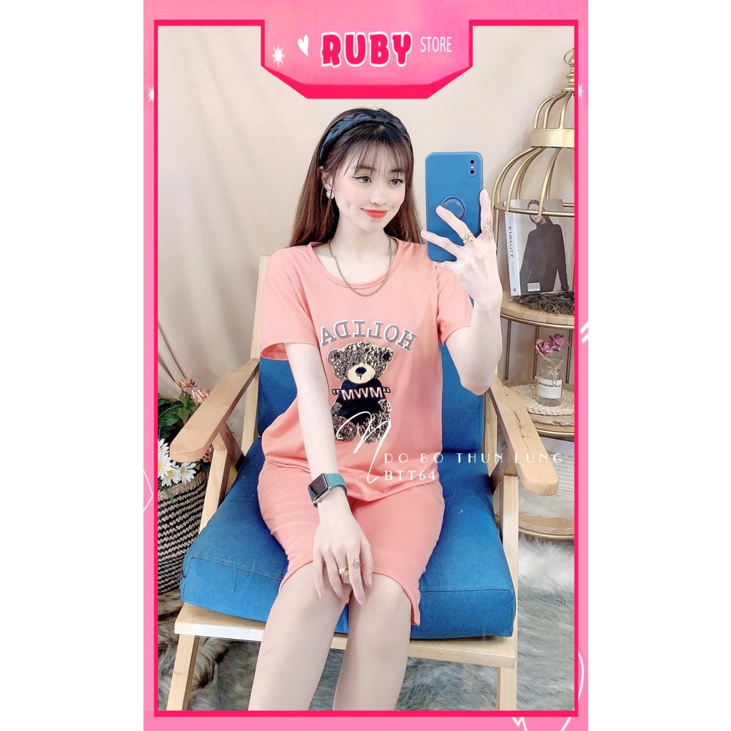 Đồ bộ nữ mặc nhà chất thun mềm mát in hình gấu hoạt hình dễ thương BTT64