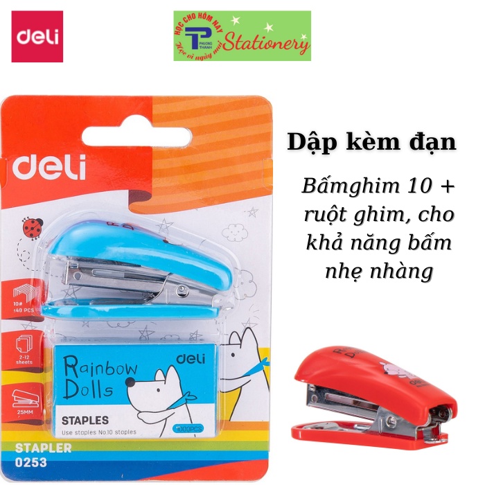 Dập ghim mini 10 Deli, tặng kèm 1000 chiếc ghim 12 trang, Xanh, đỏ, xanh lá -E0253