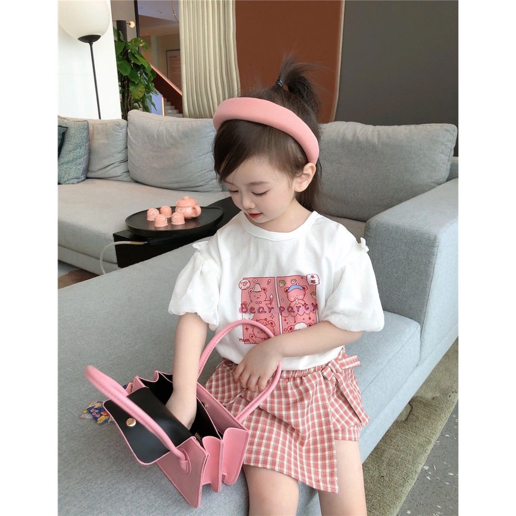 Set Áo Thun Ngắn Tay In Hoạt Hình + Quần Short Kẻ Sọc Ca Rô Thời Trang Mùa Hè Cho Bé Gái