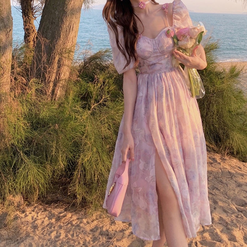 💥Đầm Dài Hai Dây Xẻ Tà Họa Tiết Hoa Phong Cách Công Chúa Kiểu Pháp Thời Trang Mùa Hè Mới đầm dự tiệc
