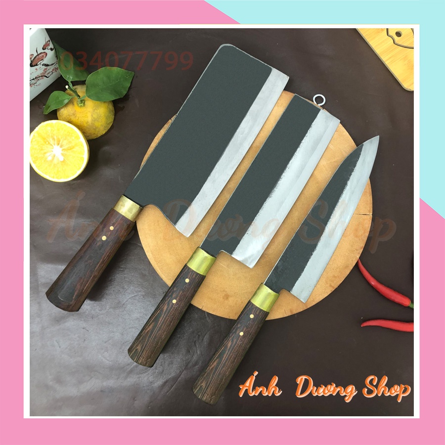 Dao bộ 3 dao nhà bếp rèn thủ công từ thép nhíp chuyên chặt xương thái rau củ quả khâu đồng vàng dòng sản phẩm cao cấp