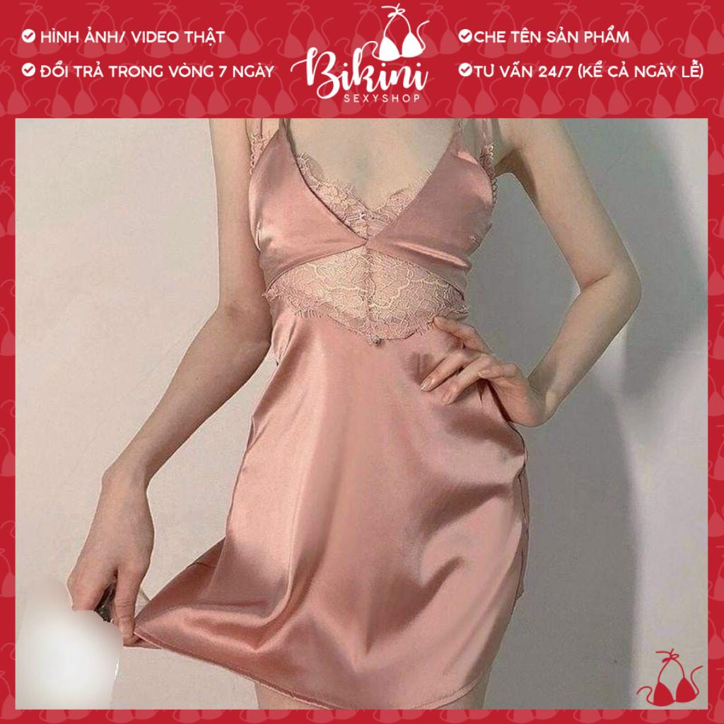 ❣️ Váy ngủ lụa 2 dây nữ phối ren xuyên thấu gợi cảm freesize màu đen/ trắng/ hồng SN10