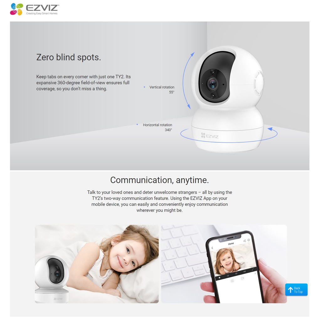 [Mã BMBAU300 giảm 7% tối đa 300K đơn 499K] Camera Ezviz TY2 1080P Full HD CS-TY2-B0 -Xoay 360 - Đàm thoại 2 chiều