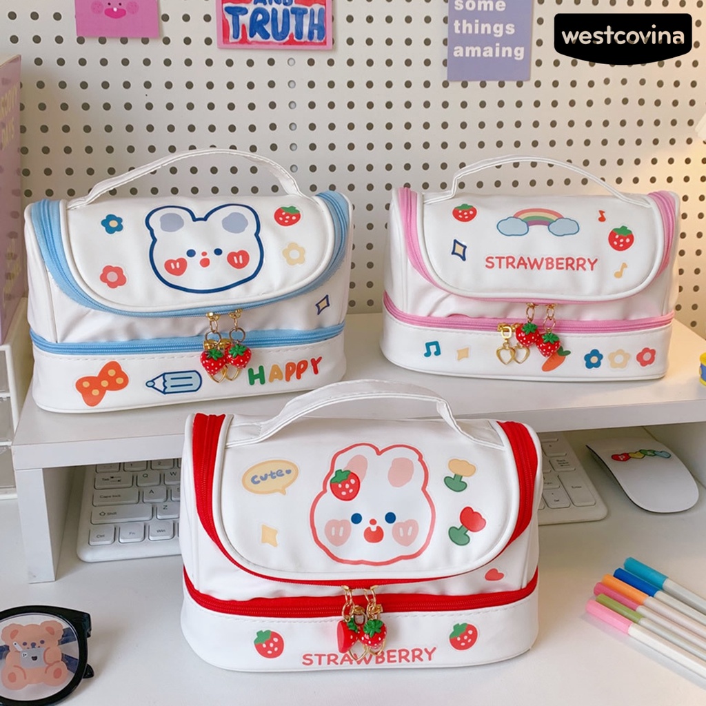 [Hot]✍Hộp Đựng Bút Hai Lớp Chống Bụi In Hình Thỏ Hoạt Hình Dễ Thương