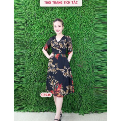 Đầm xòe cổ đắp hoa cam kèm dây cột eo R480