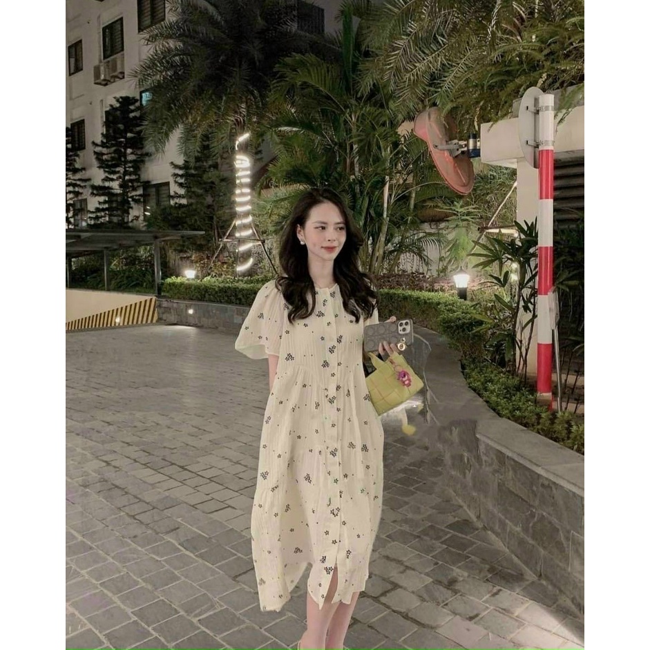 Váy bầu sơ mi thời trang hoa nhí 2 lớp, đầm bầu công sở mặc hè cực xinh