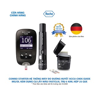 COMBO STARTER-Hệ thống máy đo đường huyết Accu-Chek Guide mg/dL. Kèm Dụng cụ lấy máu Fastclix, trụ 6 kim, hộp 25 que