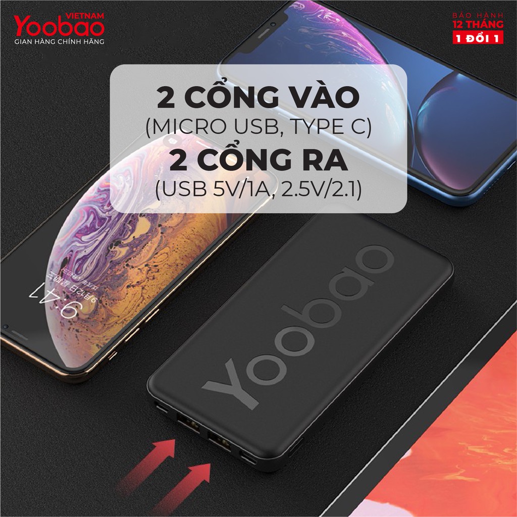 Sạc dự phòng 10000mAh Yoobao P10T Sạc nhanh 2.1A - Hàng phân phối chính hãng - Bảo hành 12 tháng 1 đổi 1