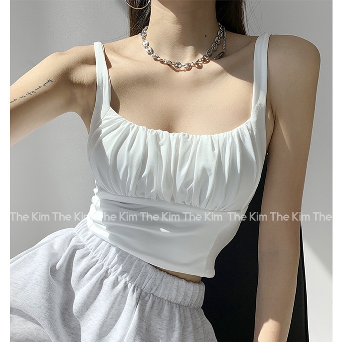 Áo 2 dây cổ U nhún ly ngực croptop , áo thun chất cotton co giãn tôn dáng The Kim A102