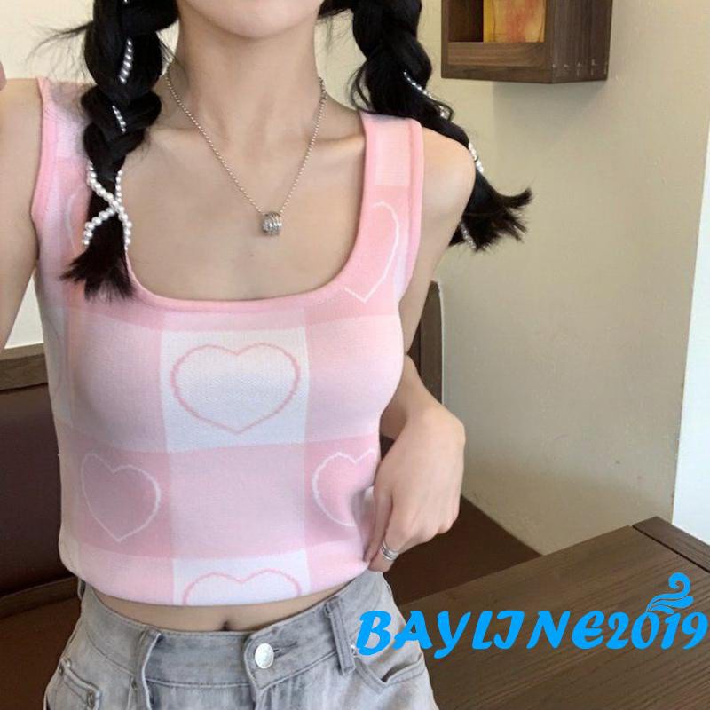 Áo Croptop Dệt Kim Không Tay Cổ Vuông In Họa Tiết Trái Tim Dễ Thương Cho Nữ | BigBuy360 - bigbuy360.vn