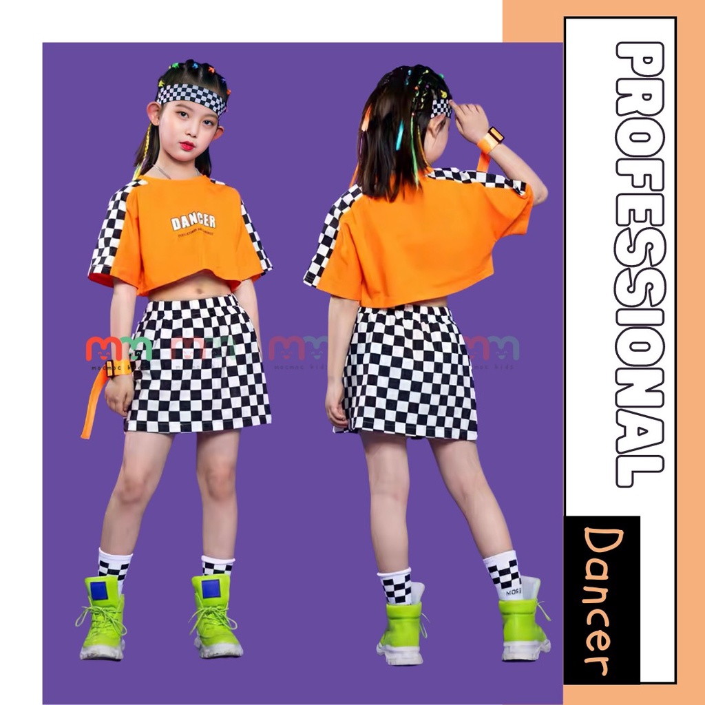 Set áo váy nhảy hiện đại cho bé gái áo croptop, váy chữ A kèm chip trong thun cotton cao cấp bé 18kg- 44kg