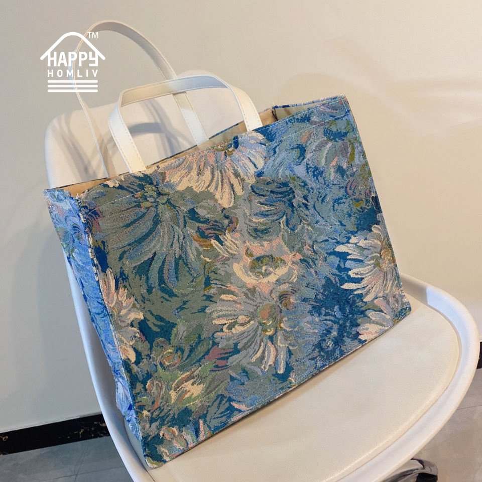 HAPPY HOMLIV Túi Tote Canvas A4 Sức Chứa Lớn Đựng Được Máy Tính In Họa Tiết Tranh Sơn Dầu Chất Lượng Cao 17-Inch Phong Cách Retro Pháp Cho Nữ Sinh