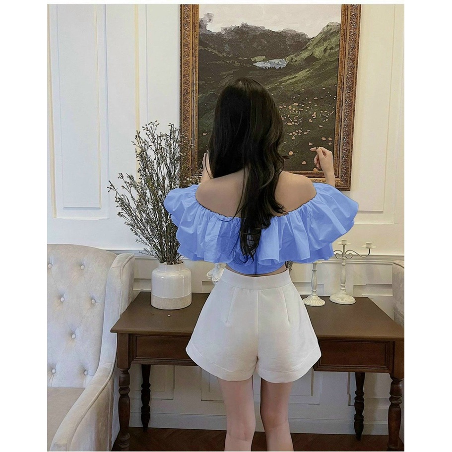 Áo kiểu nữ trễ vai tay ngắn, áo croptop phối bèo nữ 1 tầng nhiều màu N01ak