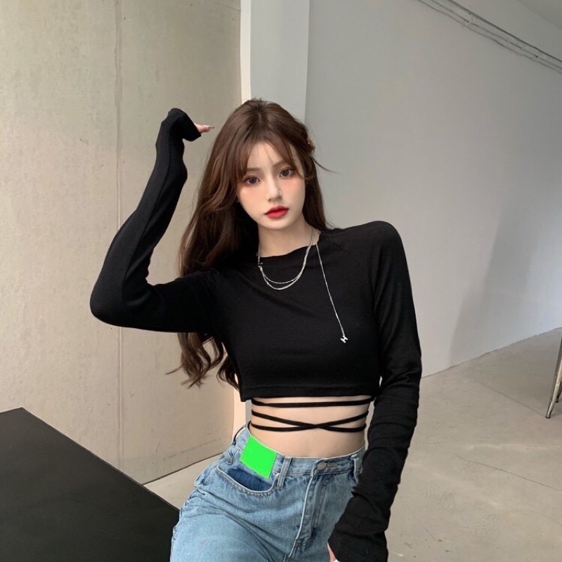 Áo kiểu croptop tay dài buộc dây cá tính