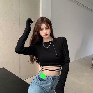 Áo kiểu croptop tay dài buộc dây cá tính