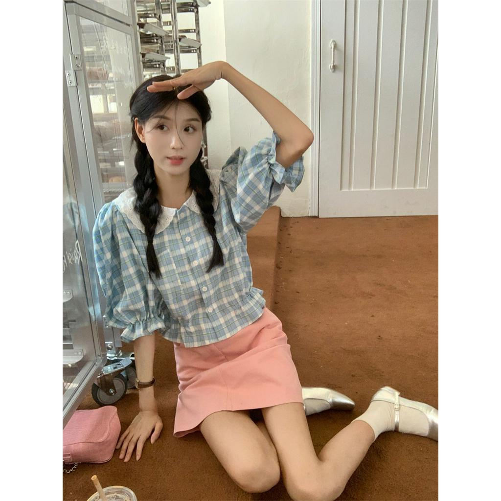 Áo Kiểu Tay Phồng Họa Tiết Sọc Caro Phong Cách Cổ Điển Thời Trang Mùa Hè Cho Nữ