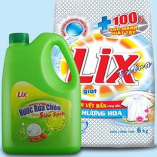 Bột giặt lix 6kg tặng kèm can nước rửa chén đậm đăc 1,5kg
